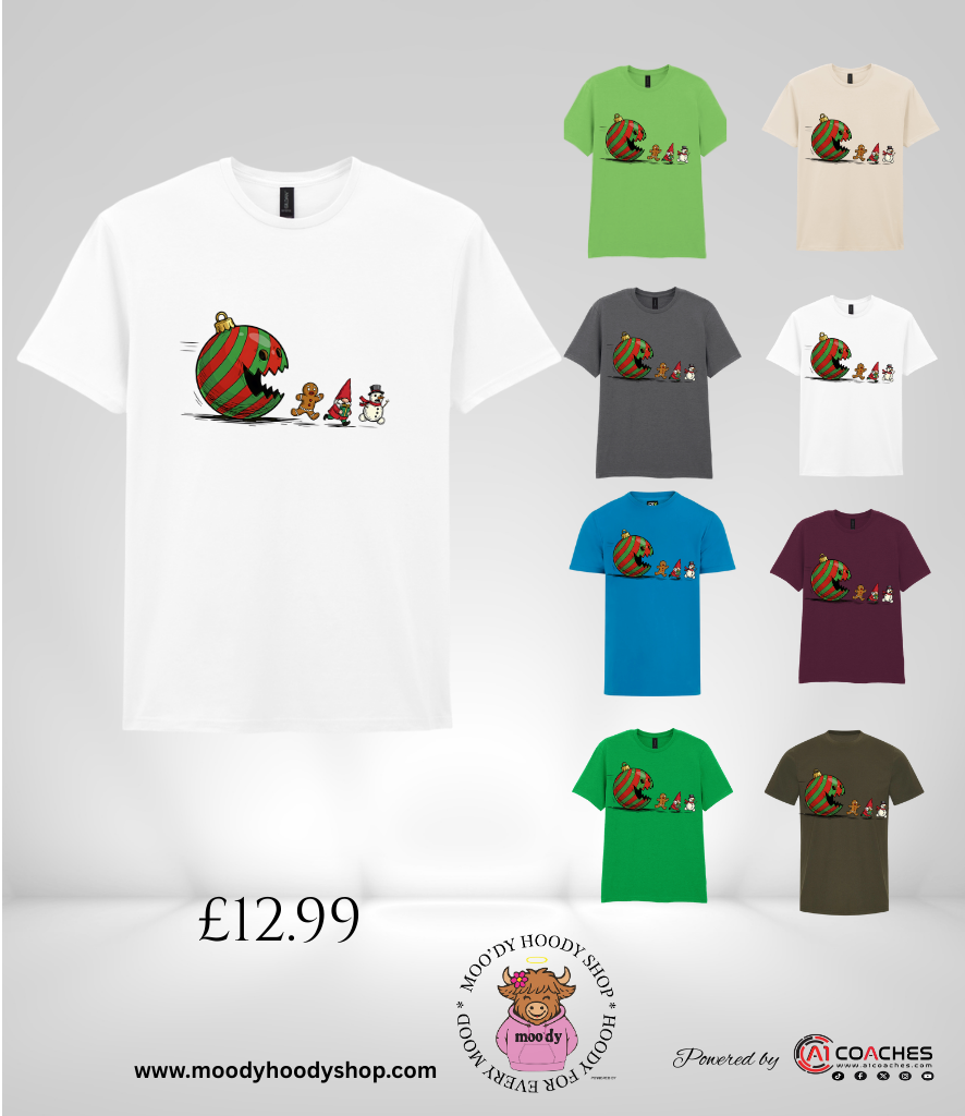 Christmas Bauble chasing gnome and snowman T Shirt