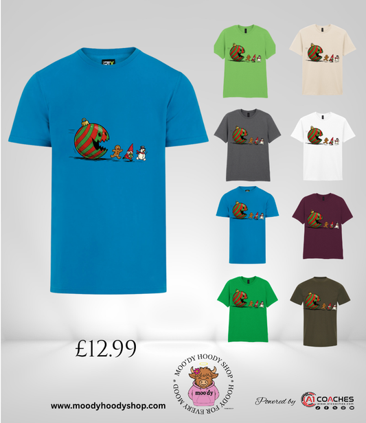 Christmas Bauble chasing gnome and snowman T Shirt