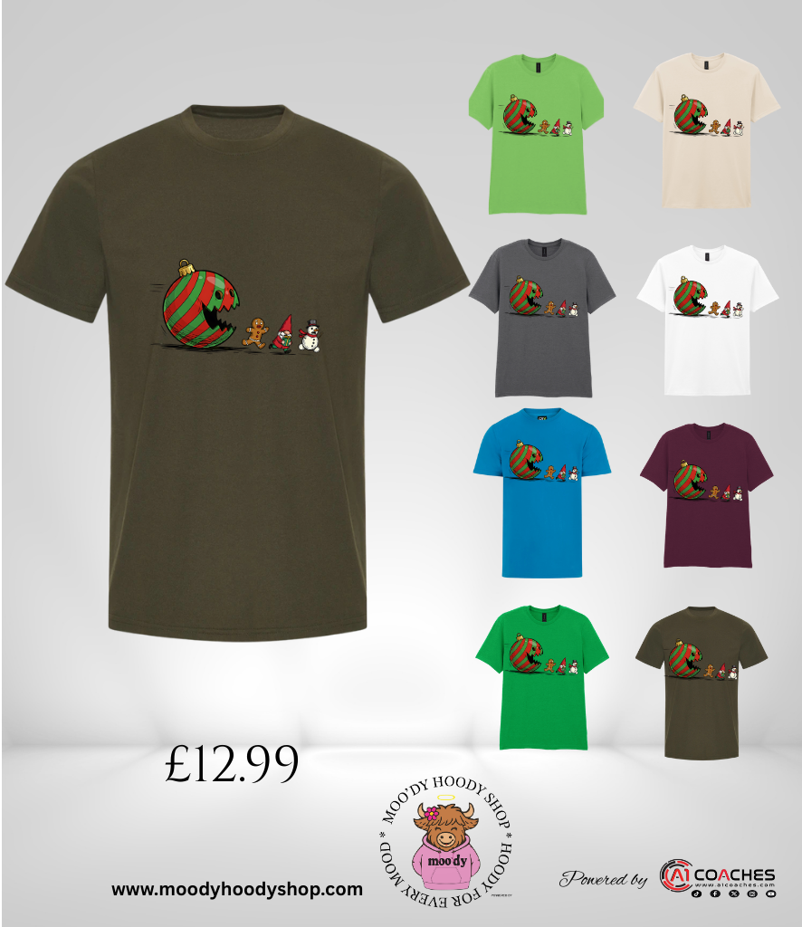 Christmas Bauble chasing gnome and snowman T Shirt