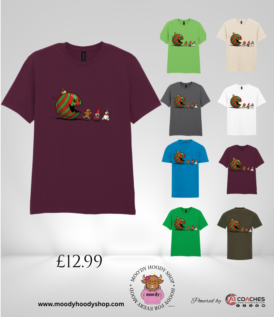Christmas Bauble chasing gnome and snowman T Shirt