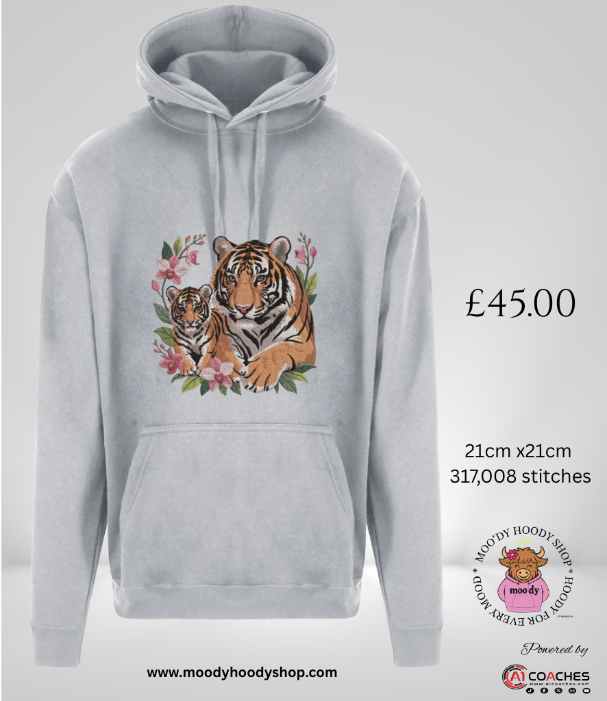 Tiger and Cub Embroidered Design Hoodie