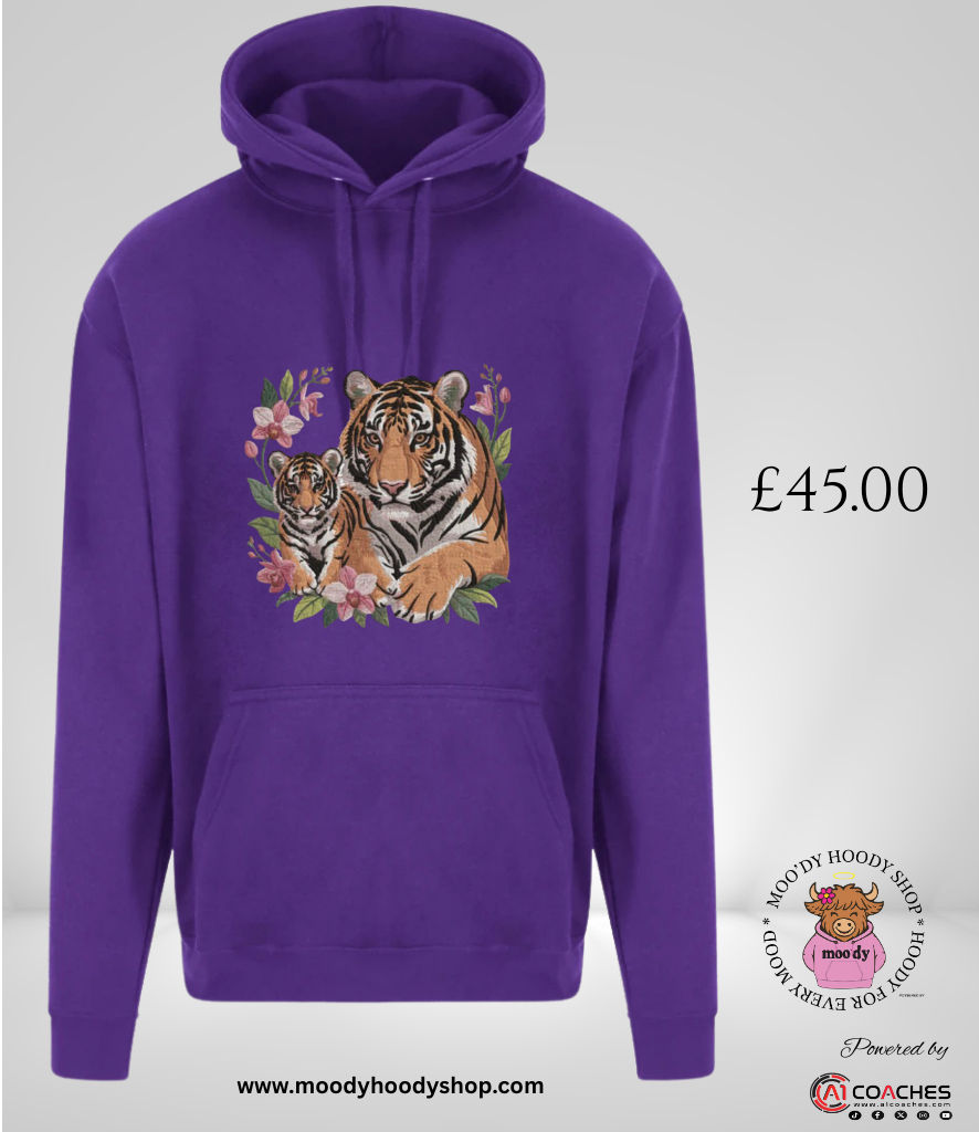 Tiger and Cub Embroidered Design Hoodie
