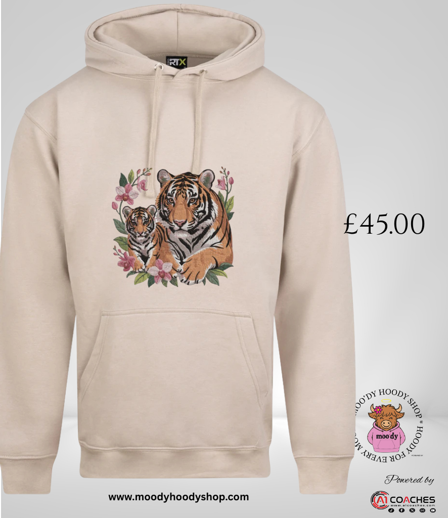 Tiger and Cub Embroidered Design Hoodie